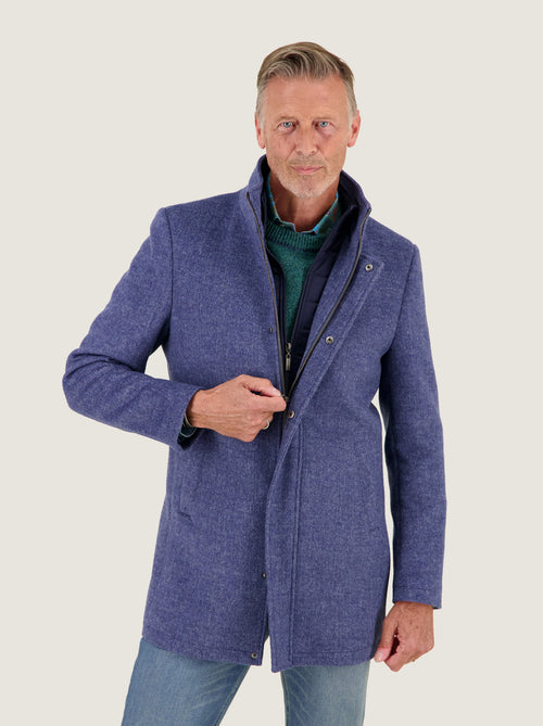 A Fish Named Fred men's Funnel Neck Coat in Jeans Blue, worn by a model, studio shot