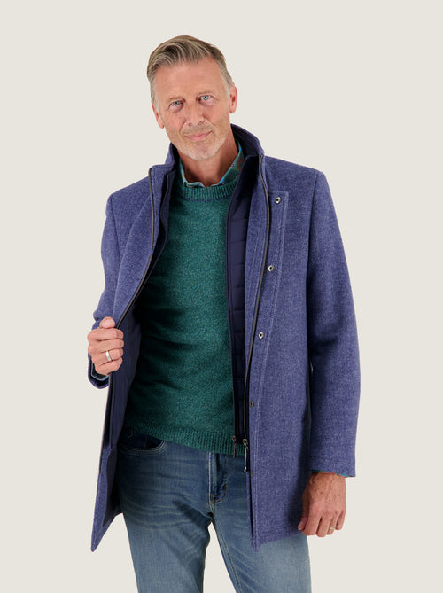  A Fish Named Fred men's Funnel Neck Coat in Jeans Blue, worn open by a model, studio shot