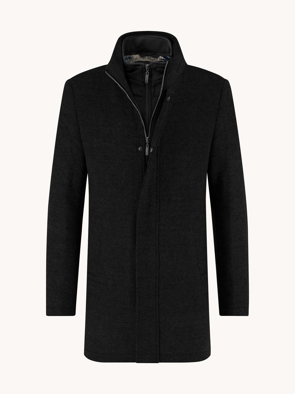 A Fish Named Fred men's Funnel Neck Coat in Black, front view