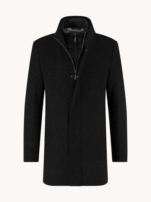 A Fish Named Fred men's Funnel Neck Coat in Black, front view