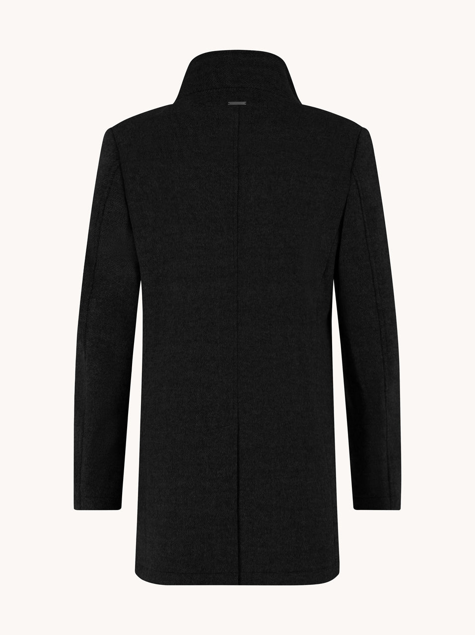 A Fish Named Fred men's Funnel Neck Coat in Black, back view