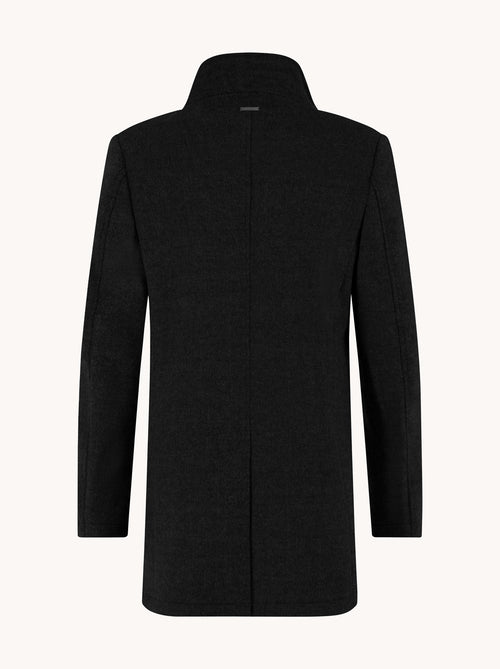 A Fish Named Fred men's Funnel Neck Coat in Black, back view