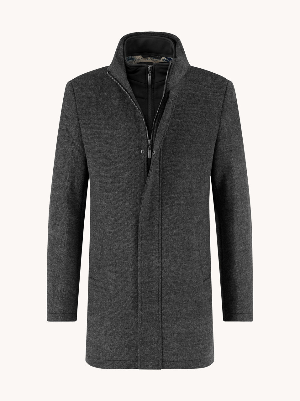 A Fish Named Fred men's Funnel Neck Coat in Dark Grey, front view