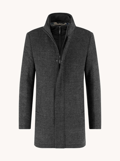 A Fish Named Fred men's Funnel Neck Coat in Dark Grey, front view