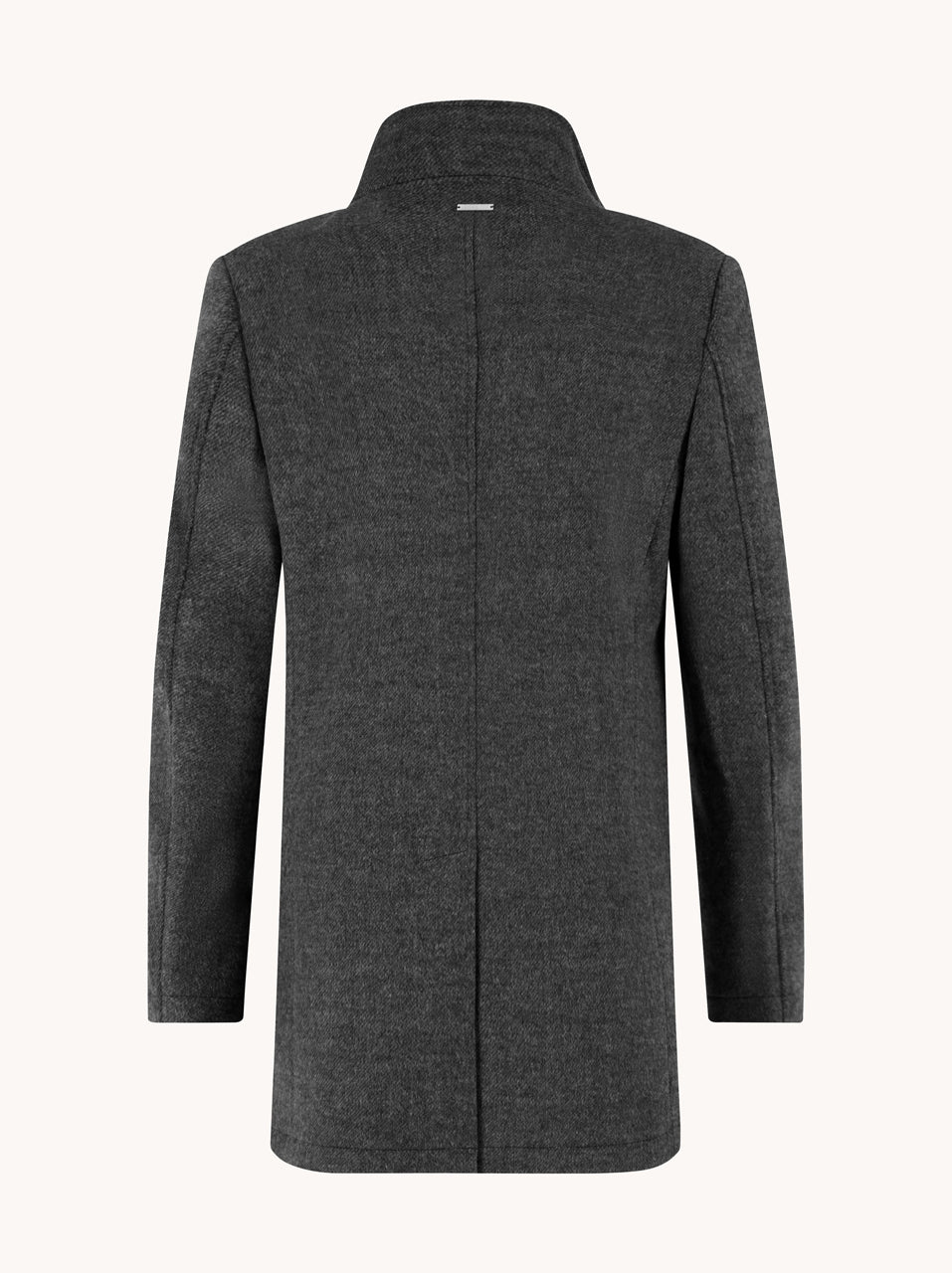 A Fish Named Fred men's Funnel Neck Coat in Dark Grey, back view
