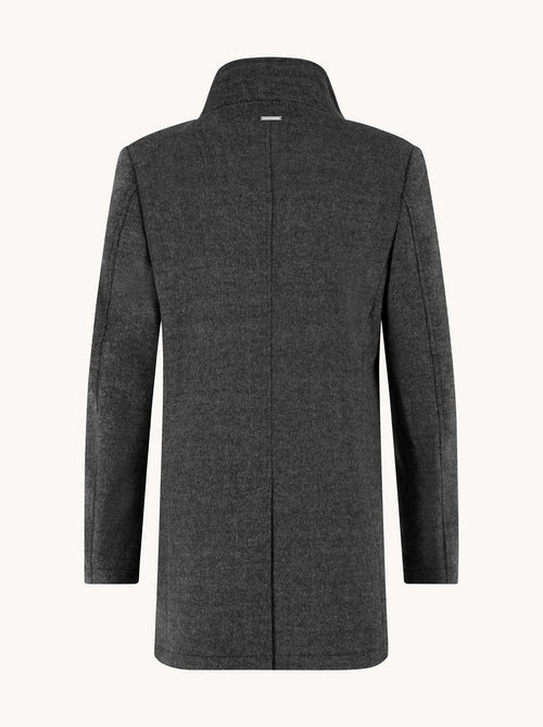 A Fish Named Fred men's Funnel Neck Coat in Dark Grey, back view