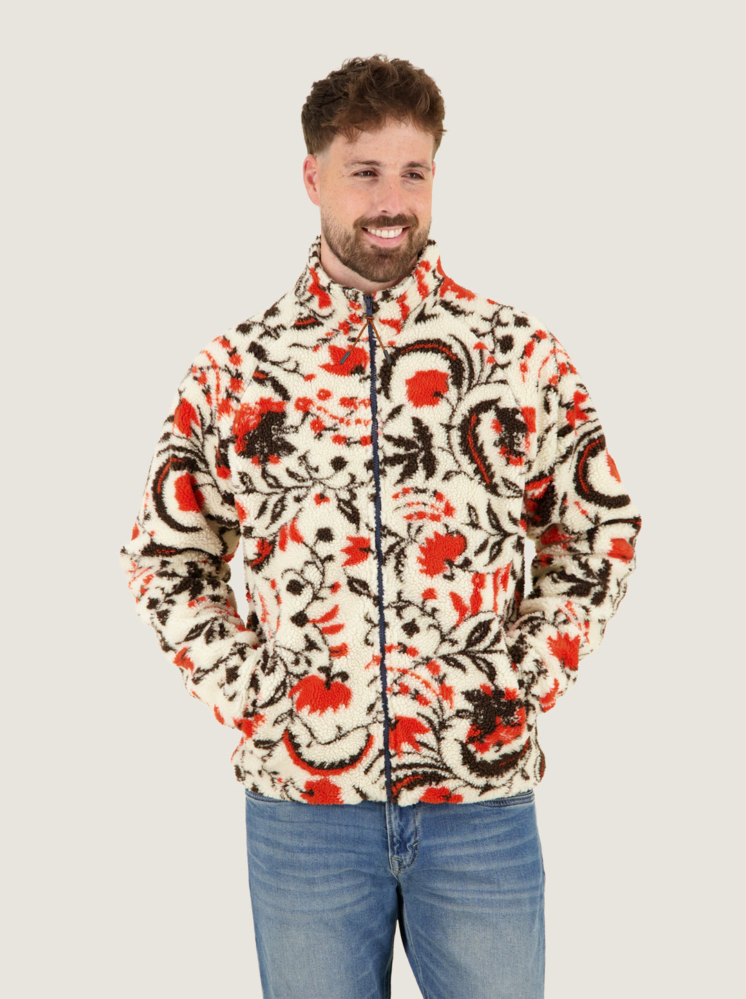 A Fish Named Fred men's Fleece Jacket Blossom in Off-White, worn by a model, front view