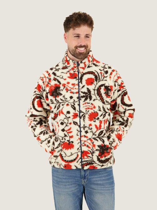 A Fish Named Fred men's Fleece Jacket Blossom in Off-White, worn by a model, front view