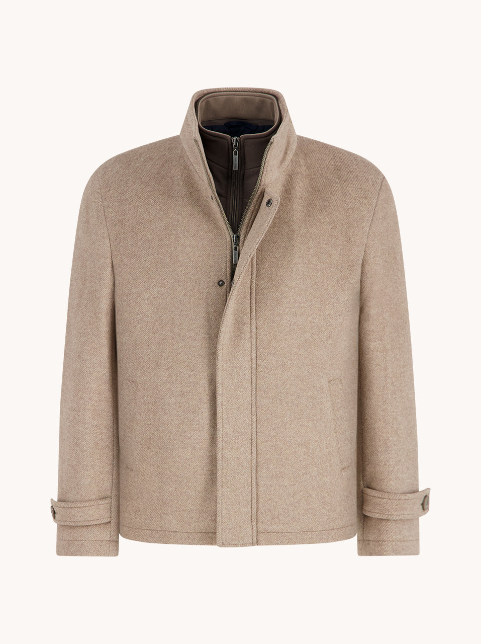 A Fish Named Fred men's Short Funnel Neck Coat in Sand, front view