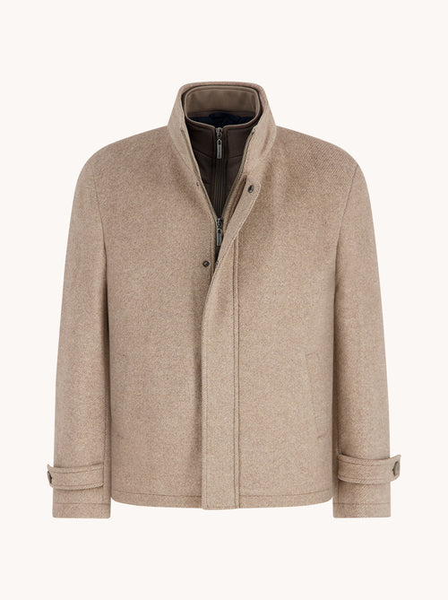A Fish Named Fred men's Short Funnel Neck Coat in Sand, front view