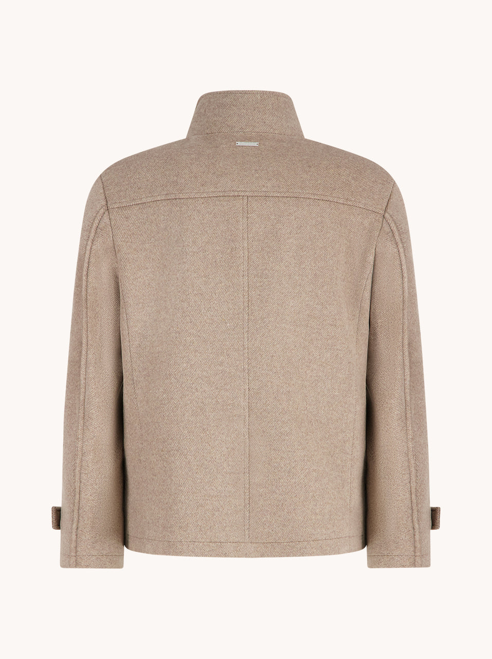 A Fish Named Fred men's Short Funnel Neck Coat in Sand, back view