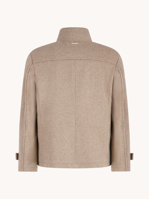 A Fish Named Fred men's Short Funnel Neck Coat in Sand, back view