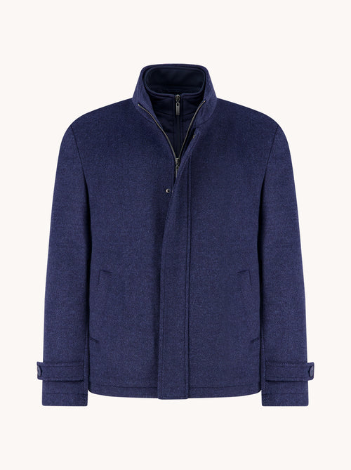A Fish Named Fred men's Short Funnel Neck Coat in Navy, front view