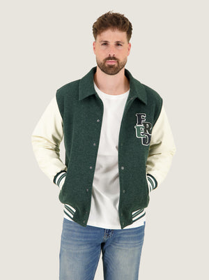A Fish Named Fred men's varsity jacket in Dark Green, worn by a model, studio shot