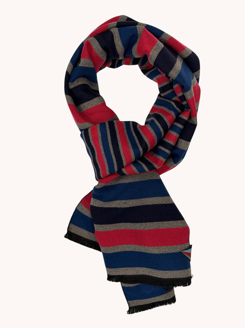 A Fish Named Fred men's Stripe scarf in Multicolour Red, back view