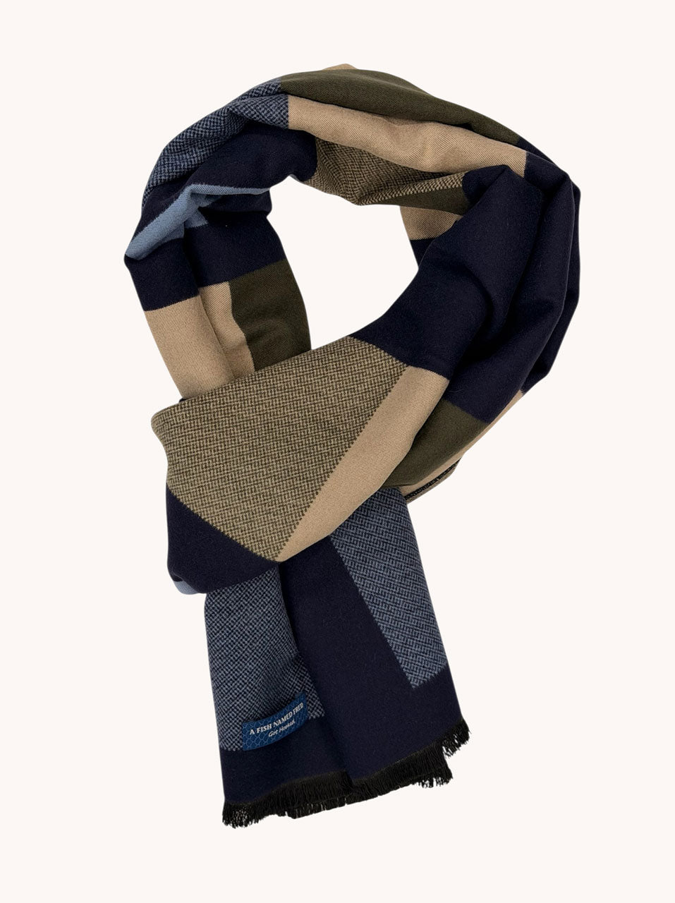 A Fish Named Fred men's Block scarf in Multicolour Blue, back view