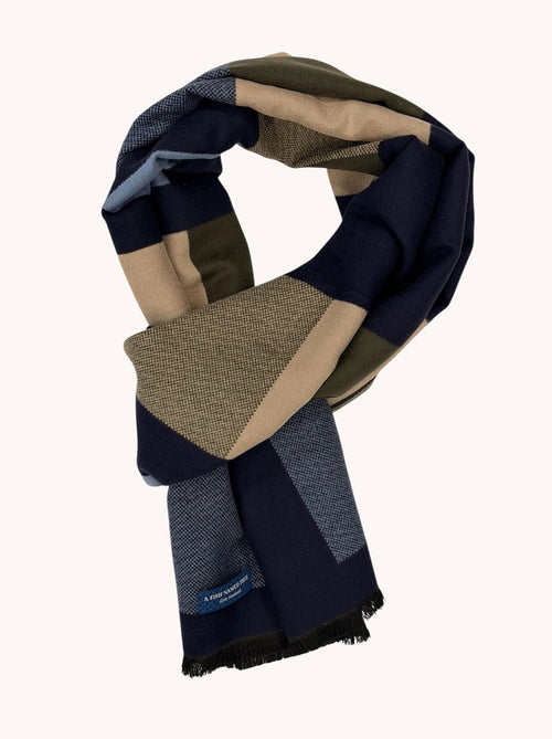 A Fish Named Fred men's Block scarf in Multicolour Blue, back view