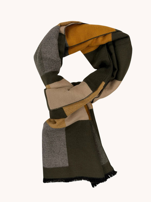 A Fish Named Fred men's Block scarf in Multicolour Green, back view