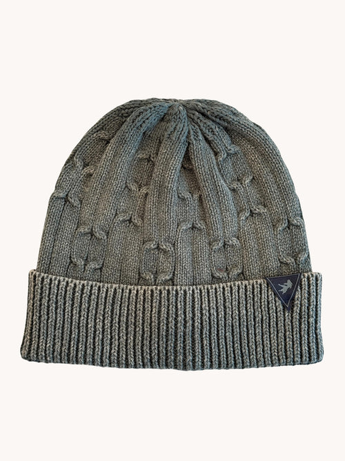 A Fish Named Fred men's Knitted Cable beanie in Dark Green, front view