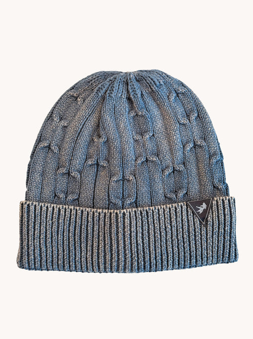 A Fish Named Fred men's Knitted Cable beanie in Jeans Blue, front view