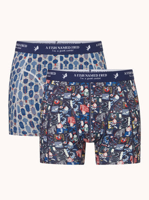A Fish Named Fred men's 2-pack Manga Lantern boxer shorts in Multicolour Blue, front view