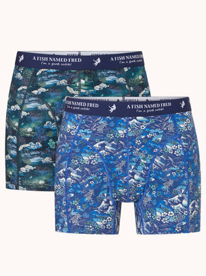 A Fish Named Fred men's 2-pack Fuji Dream Japanese Story boxer shorts in Multicolour Blue, front view