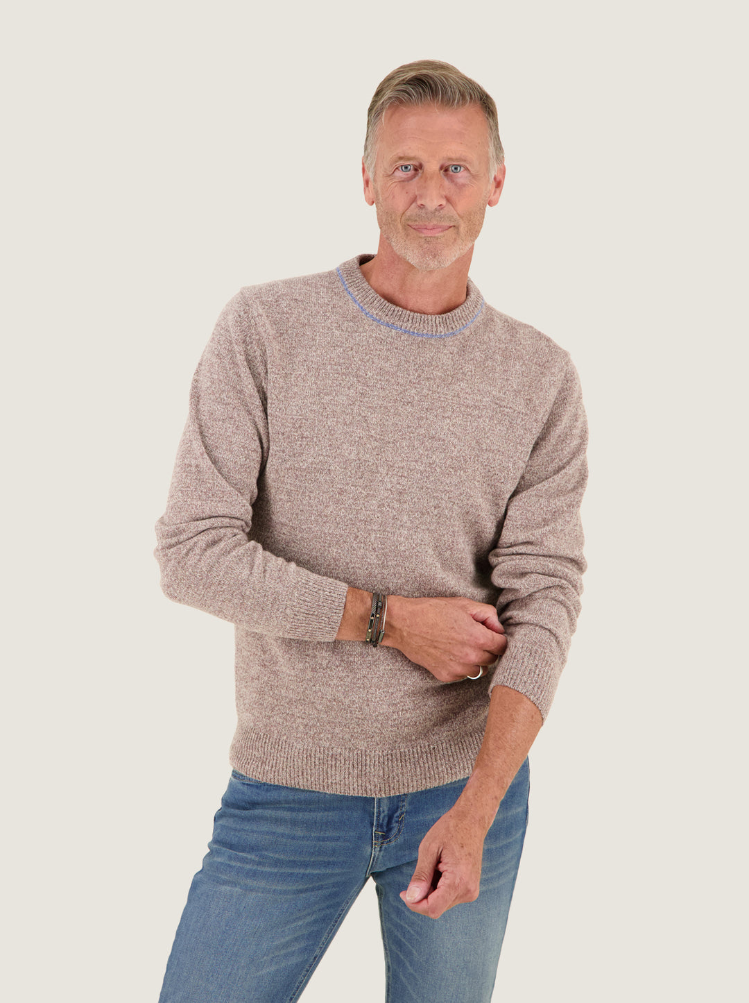 A Fish Named Fred men's Pullover Classic in Sand, worn by a model, studio shot