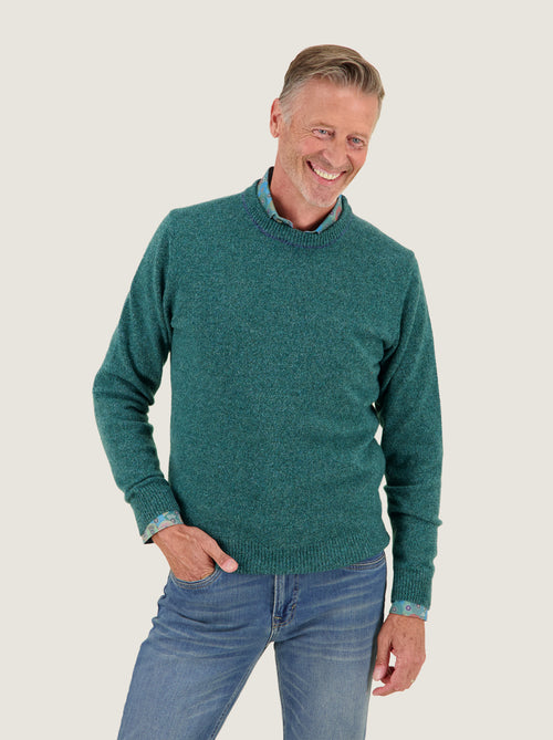 A Fish Named Fred men's Pullover Classic in Dark Green, worn by a model, studio shot
