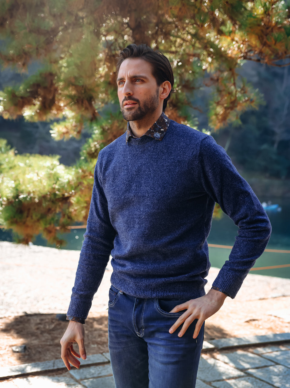 A Fish Named Fred men's Pullover Classic in Navy, worn by a model in Japan