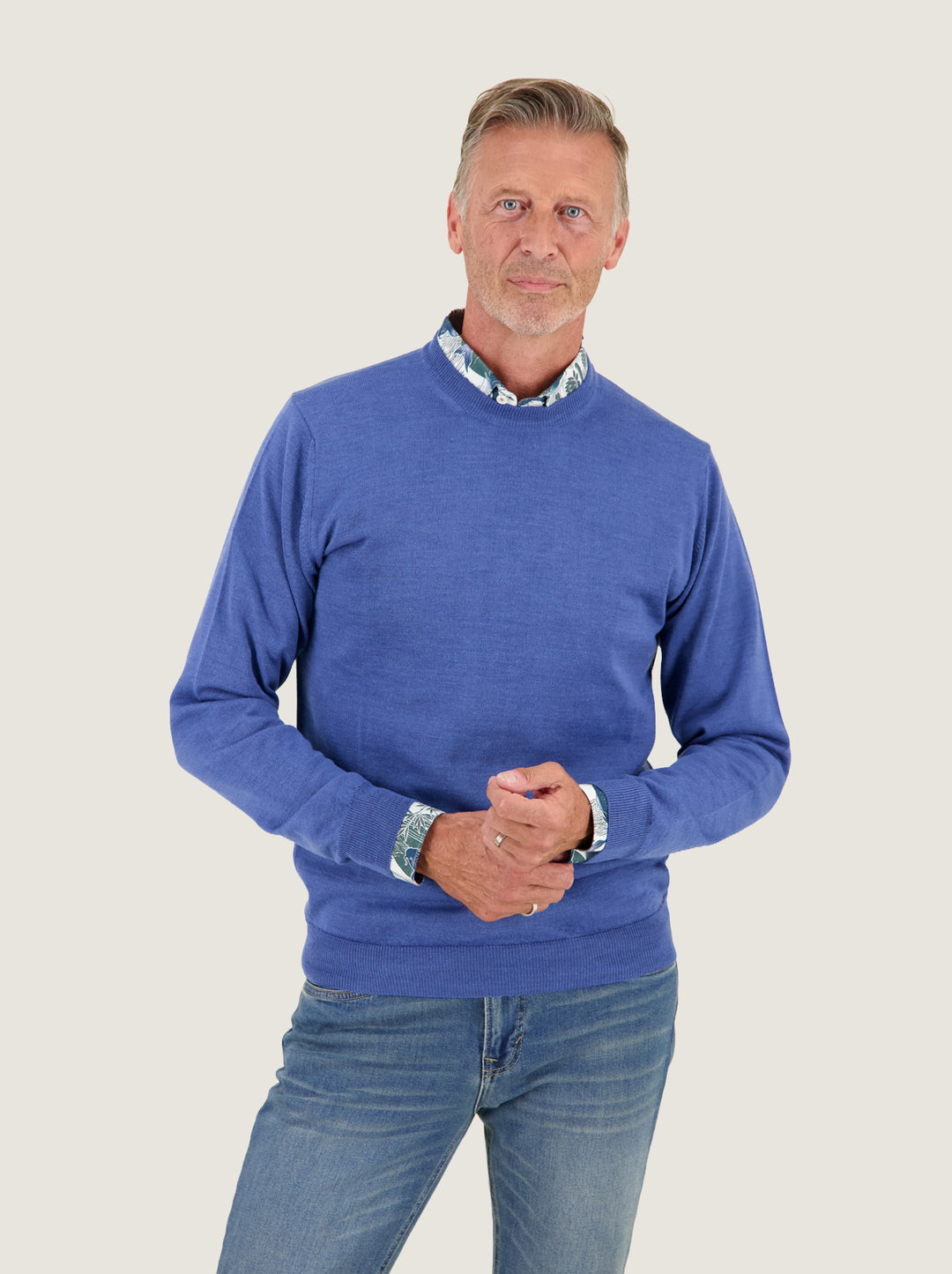 A Fish Named Fred men's Pullover Classic in Ash Blue, worn by a model, studio shot