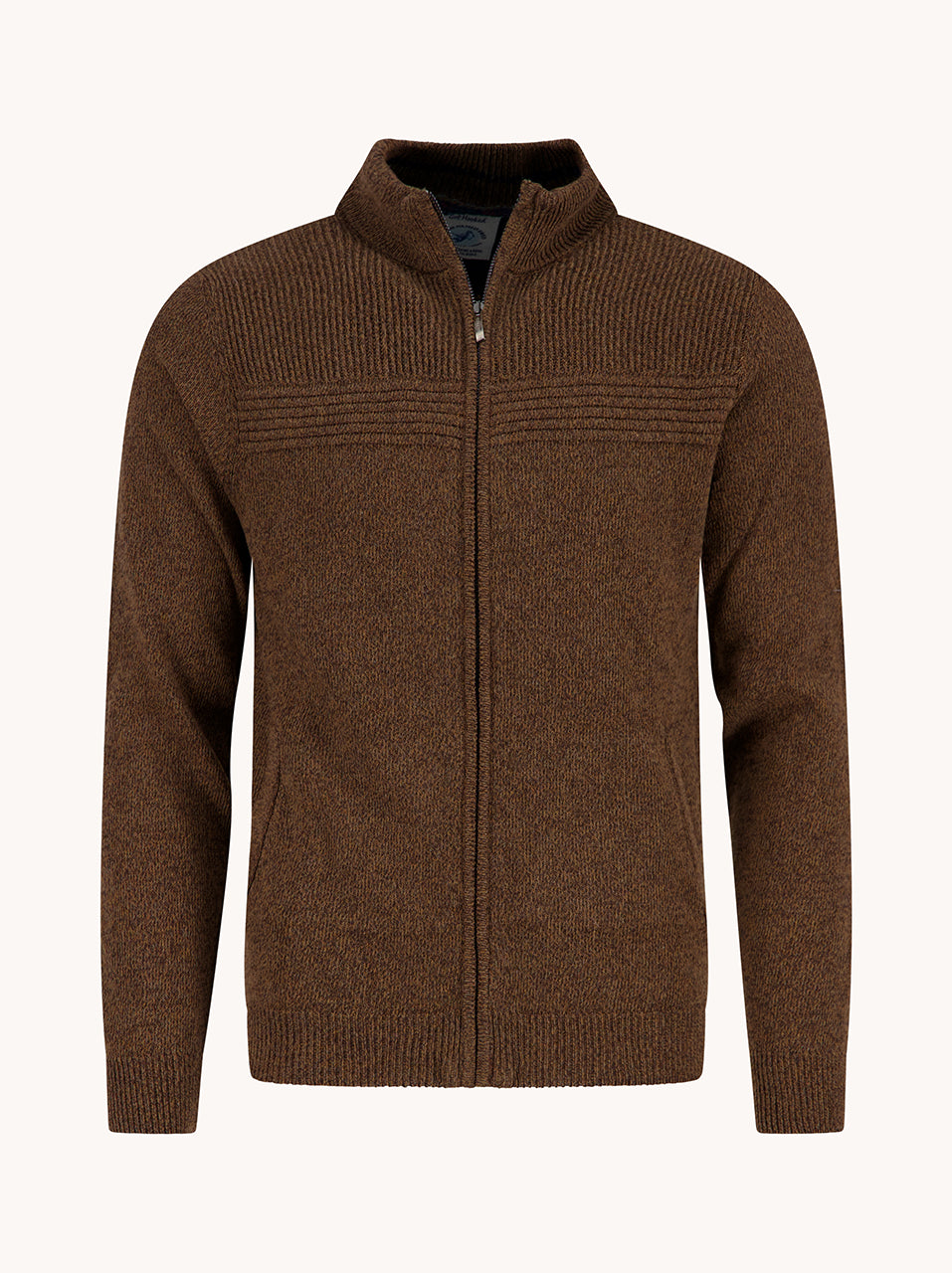 A Fish Named Fred men's Melange cardigan in Chocolate Brown, front view
