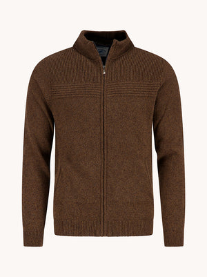A Fish Named Fred men's Melange cardigan in Chocolate Brown, front view