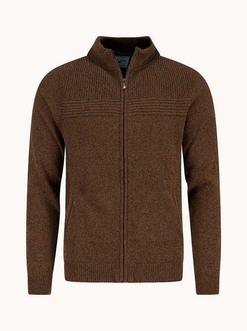 A Fish Named Fred men's Melange cardigan in Chocolate Brown, front view