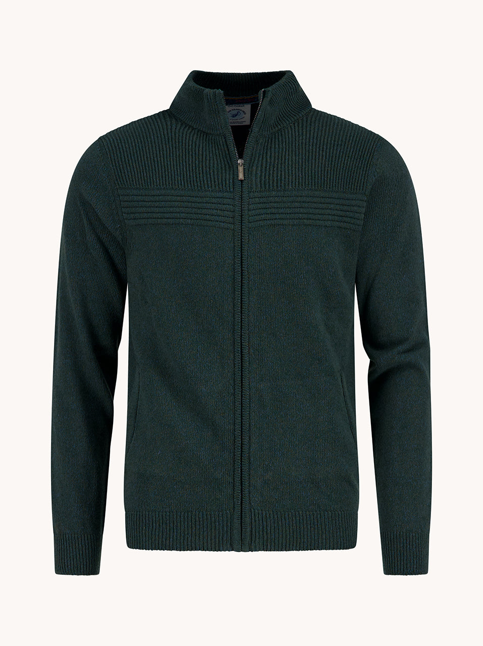 A Fish Named Fred men's Melange cardigan in Dark Green, front view
