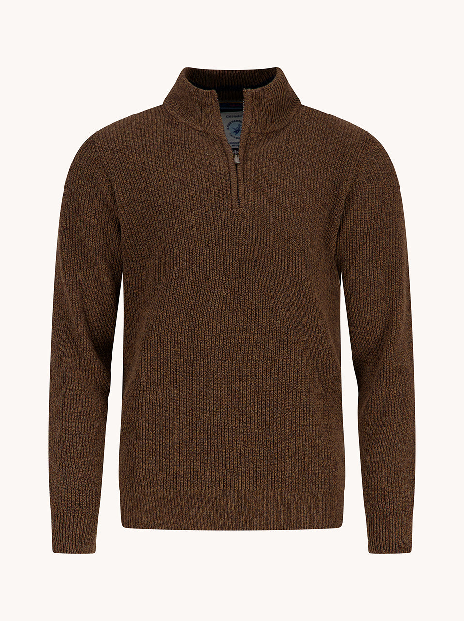 A Fish Named Fred men's Mock-zip pullover in Chocolate Brown, front view