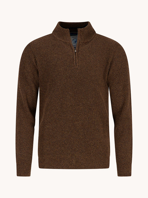 A Fish Named Fred men's Mock-zip pullover in Chocolate Brown, front view