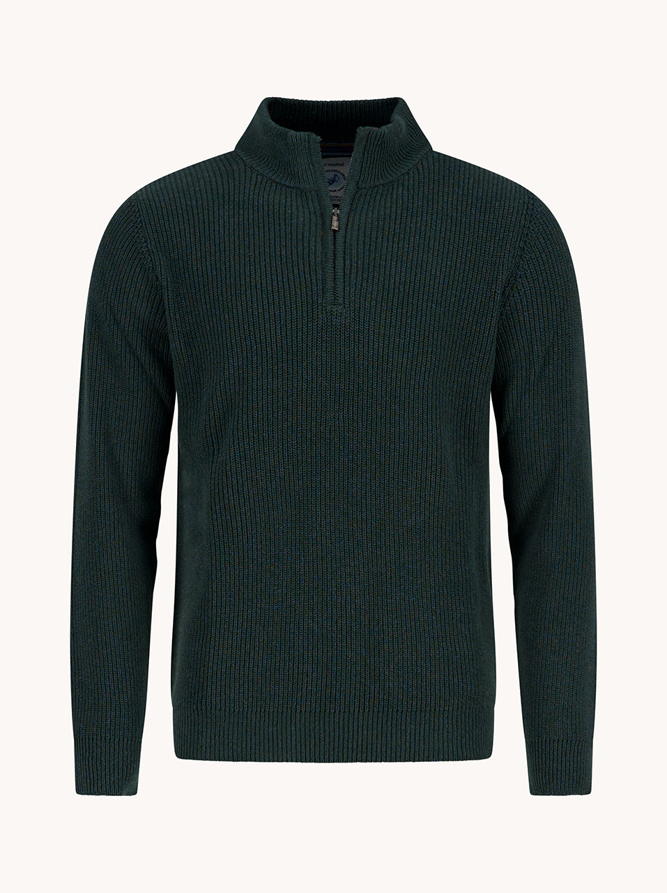 A Fish Named Fred men's Mock-zip pullover in Dark Green, front view
