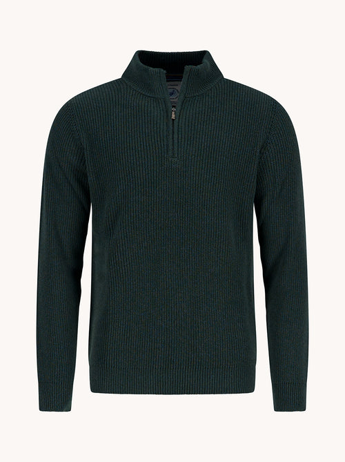 A Fish Named Fred men's Mock-zip pullover in Dark Green, front view