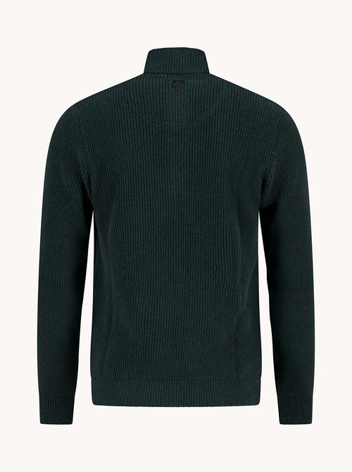 A Fish Named Fred men's Mock-zip pullover in Dark Green, back view