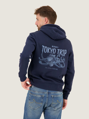 A Fish Named Fred men's Squid hoodie in Navy, worn by a model, back view, AW26 campaign