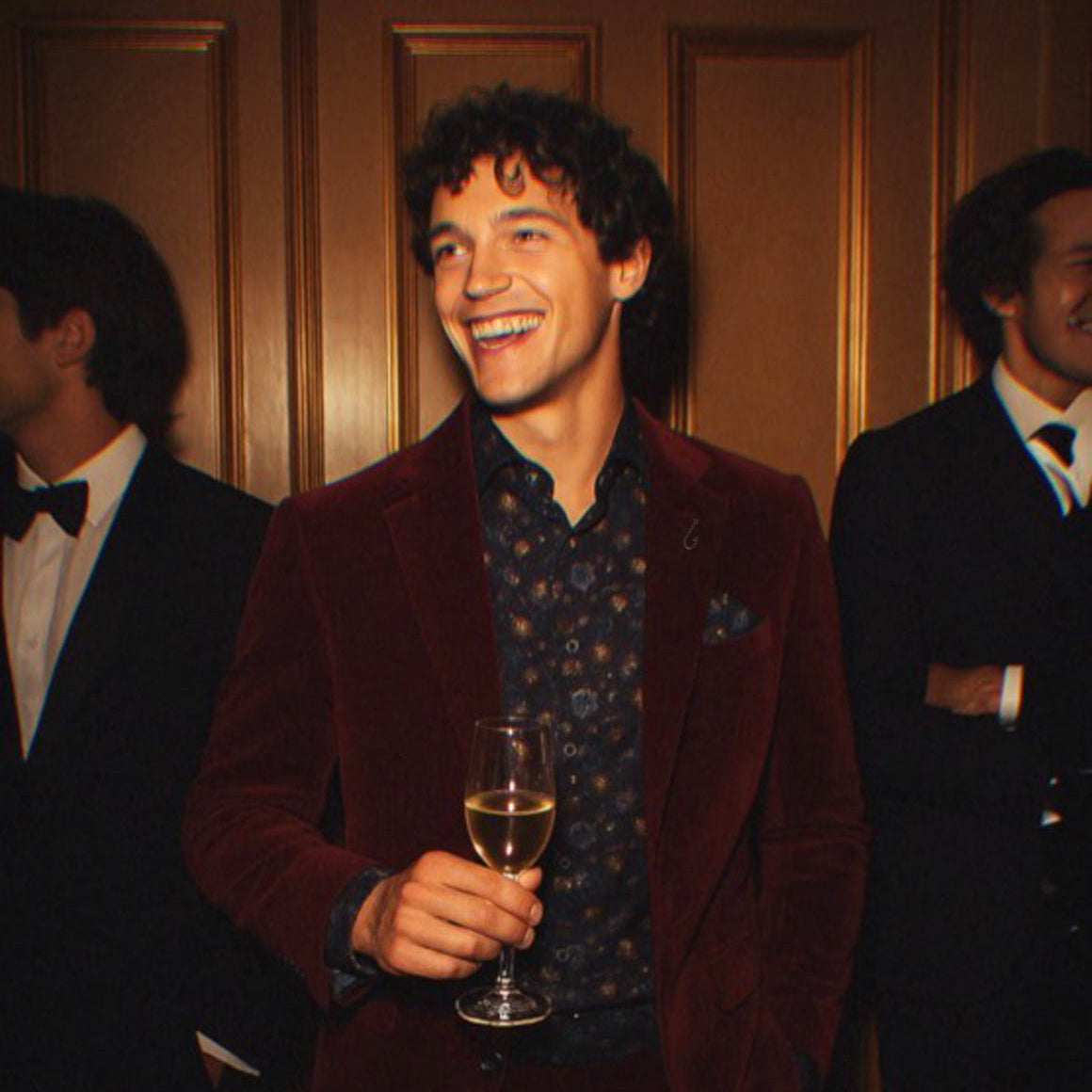 Man in a red coat holding a glass of wine, standing next to two other men in formal attire against a wooden panel background.